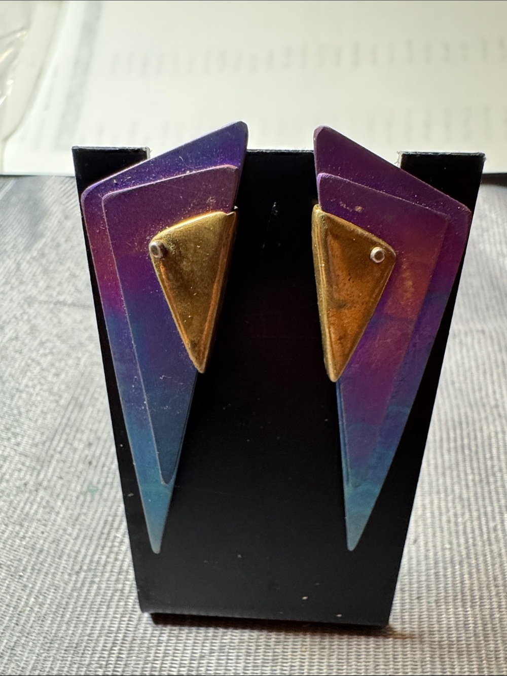 Iridescent Geometric Triangle Drop Earrings with Gold Accents